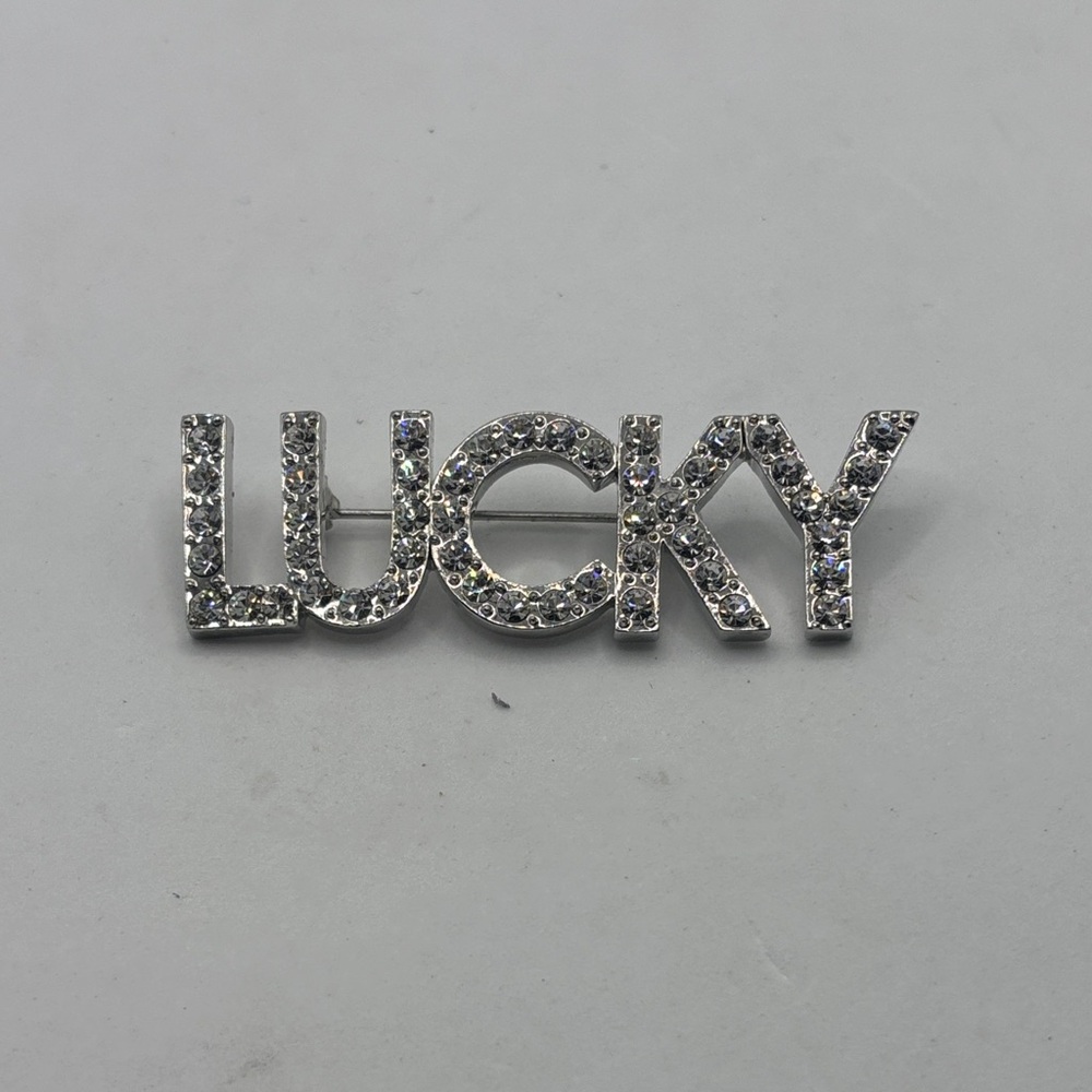 Silver tone 'LUCKY' Rhinestone Brooch pin statement piece blingy shiny night out